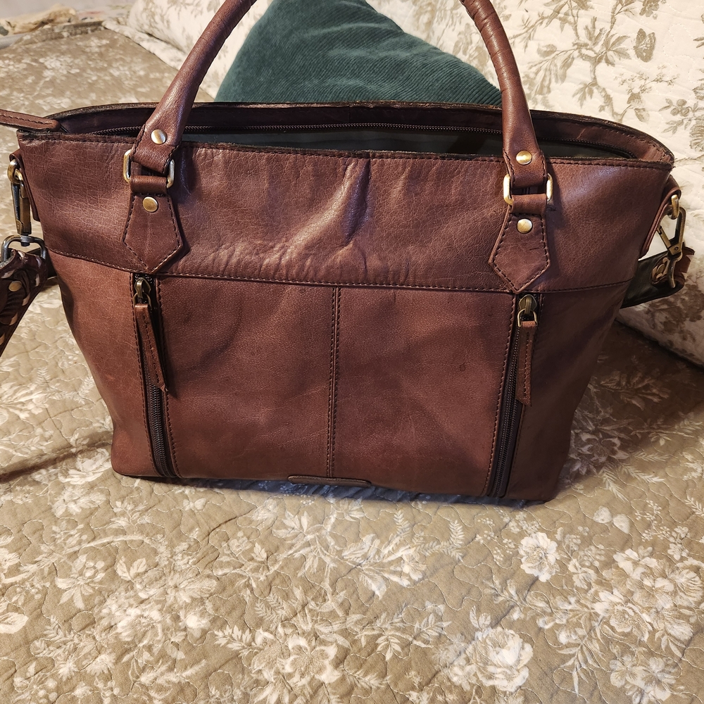 American Darling Scalloped Tooled Leather Buckstitch Cowhide Tote - Picture 3 of 11